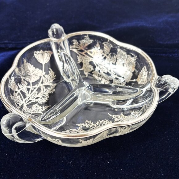 Vintage 3 Part Divided Relish Dish w/ Floral pattern & silver edge - Picture 1 of 10